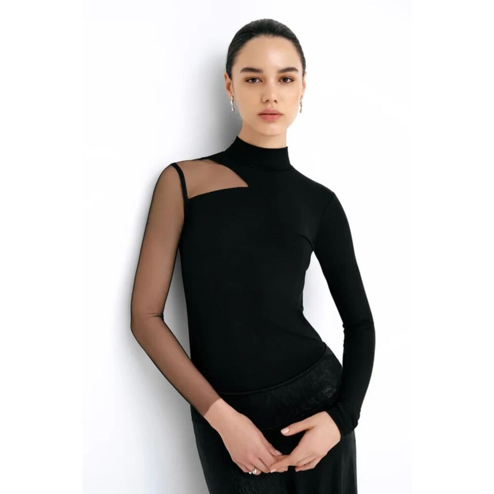 Marcella NYC Ysabel Top Dark Coquette Balletcore Jersey & Mesh Mock-Neck